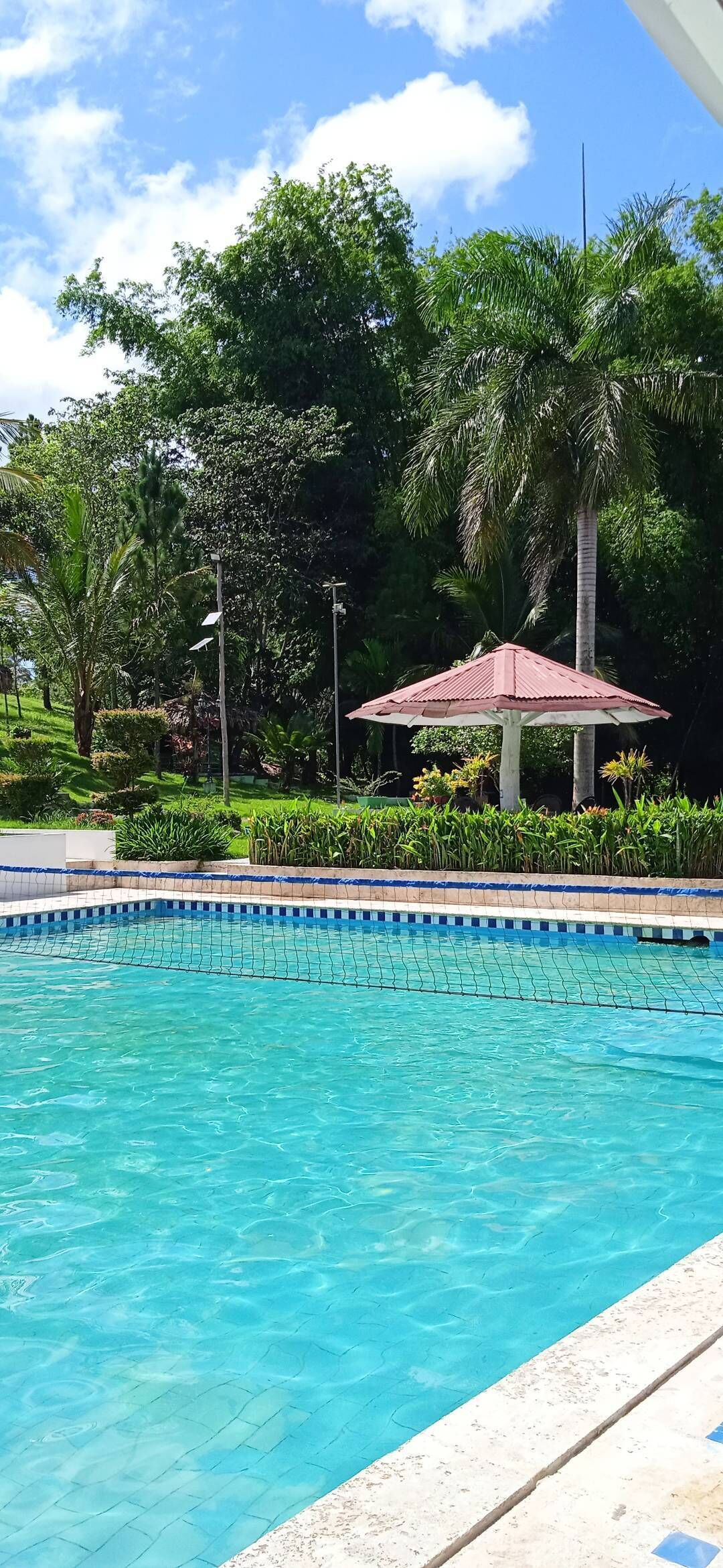 A swimming pool with a tiled edge, surrounded by lush greenery and a red-roofed pavilion.