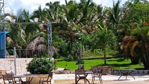 A clear blue pool with lounge chairs and a thatched-roof structure in a tropical setting.