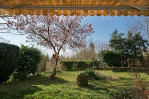 A garden with a tree under a striped awning, a bird feeder, and a rock. - Apartment Oasis - Gemütliche Wohnung mit Garten (Mendig)