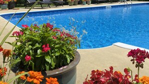 Una piscina con sillas de descanso y plantas en macetas.