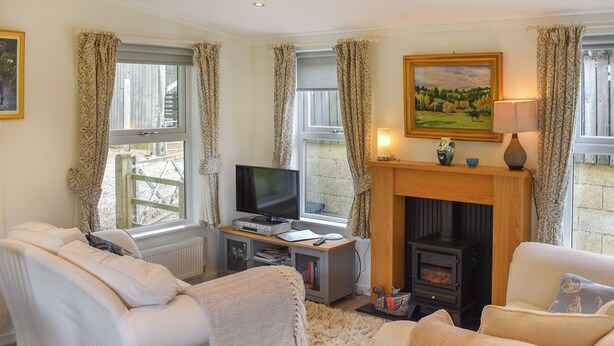 A living room with a fireplace, two sofas, a television, and a stone wall.