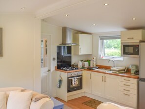 A compact kitchen with a stove, oven, microwave, and sink.