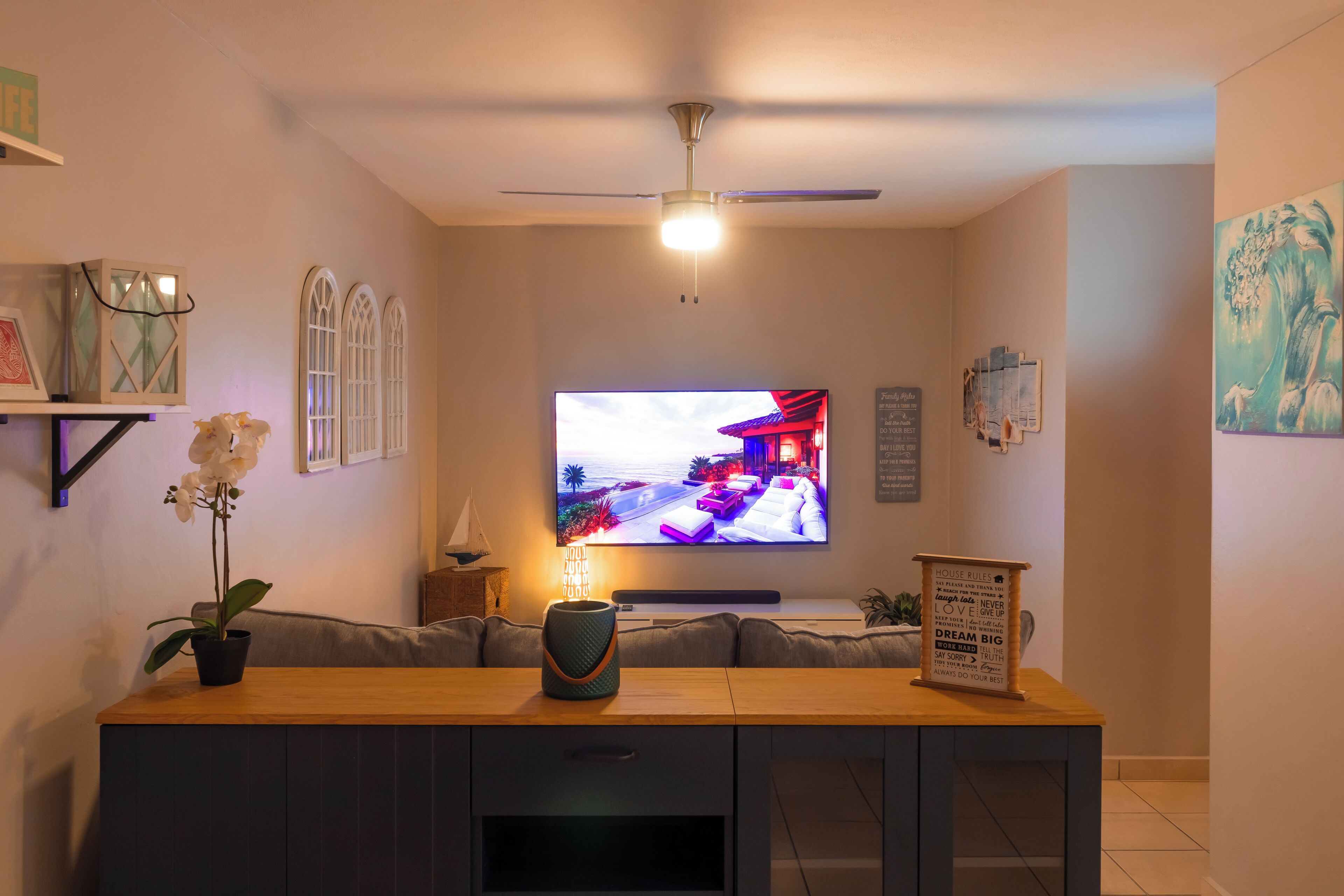 Smart TV, video games, foosball, books