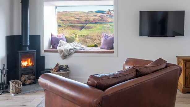 A living room with a sofa, a fireplace, a TV, and a window with a view of a landscape.