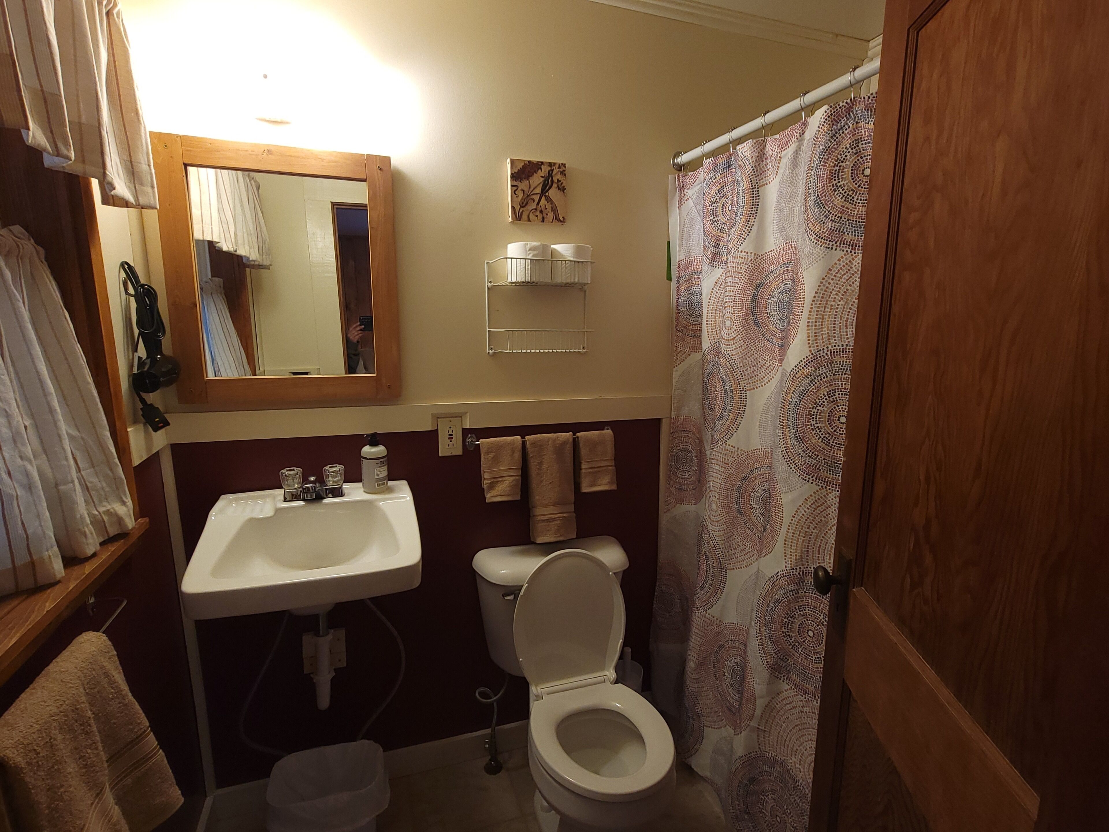 Ein Badezimmer mit Waschbecken, Toilette und Duschvorhang.
