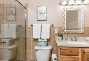 Combined shower/bathtub, hair dryer