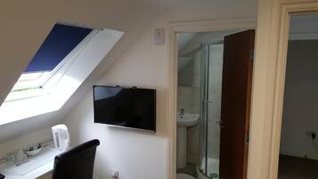 Una habitación con tragaluz, televisión, lavamanos y ducha.