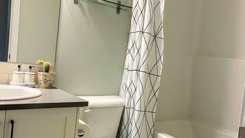 Combined shower/bathtub, hair dryer, towels, soap