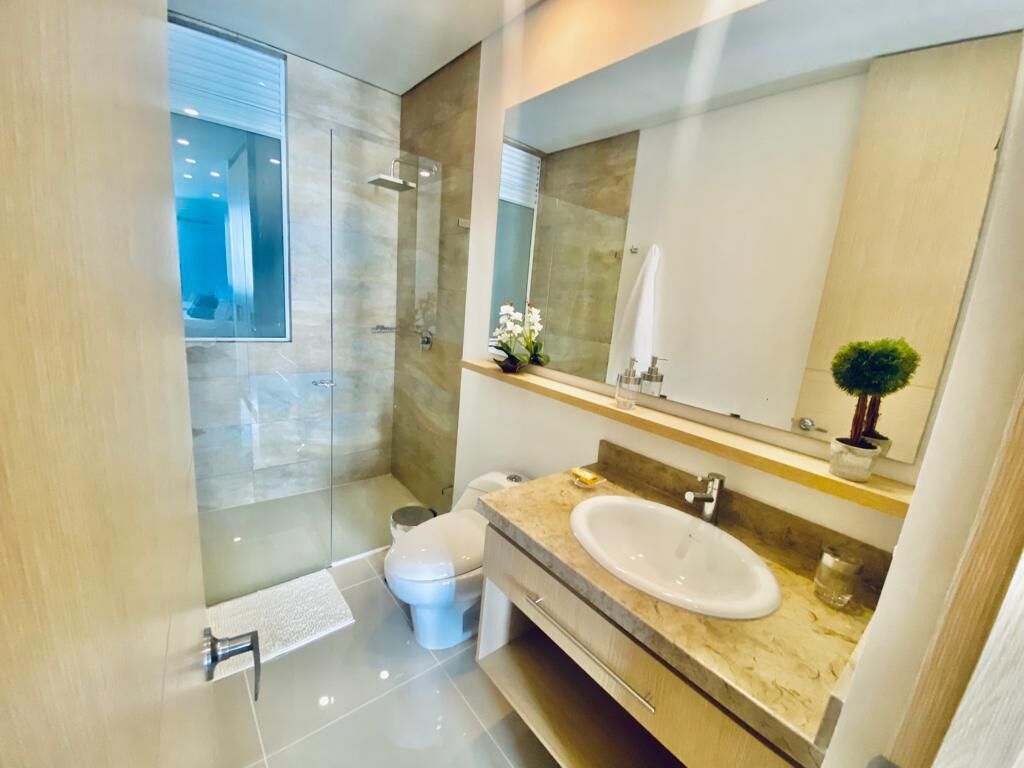 family apartment | bathroom | shower, rainfall showerhead, towels