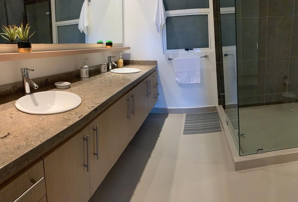 classic apartment | bathroom | shower, rainfall showerhead, towels