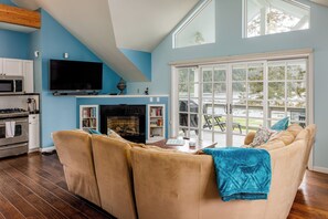 Smart TV, fireplace, books