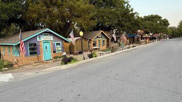 A street lined with small, colorful buildings, including a shop with a sign that reads 'The Purple Thistle.'