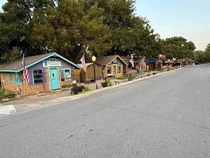 A street lined with small, colorful buildings, including a shop with a sign that reads 'The Purple Thistle.' - HT Innhabit rooftop view-Hike Wichita Mtns-Slps4 (Medicine Park)