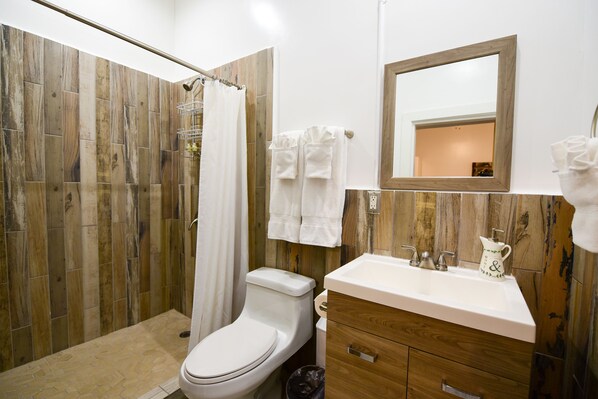 Shower, hair dryer, towels, soap