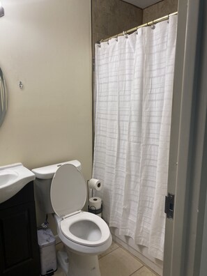 Bathtub, towels, soap, toilet paper