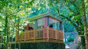 A wooden deck with a glass enclosure, surrounded by dense foliage. - L'Ange de Fer (Illoud)