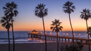 A beach with a pier, palm trees, and a gazebo. - Property for Tornado Watchers! (Springfield)
