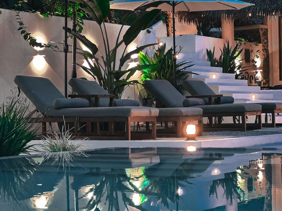 Outdoor pool, pool umbrellas, pool loungers