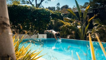 Outdoor pool, pool umbrellas, sun loungers