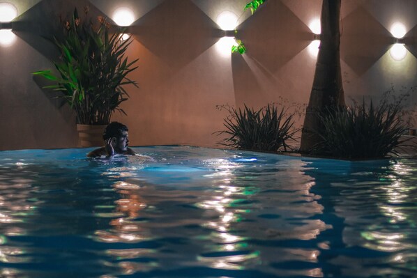 Outdoor pool, pool umbrellas, pool loungers