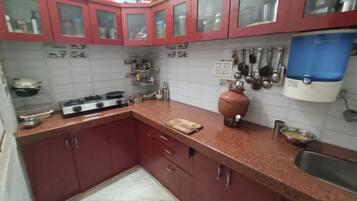 Fridge, oven, electric kettle, toaster