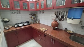 Fridge, oven, electric kettle, toaster