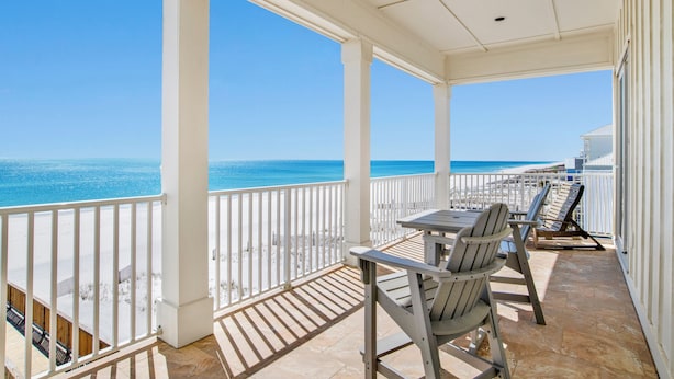 A covered outdoor area with a view of the beach and ocean. - Beachfront Luxury | Private Pool | Elevator | Pet Friendly (Gulf Shores)