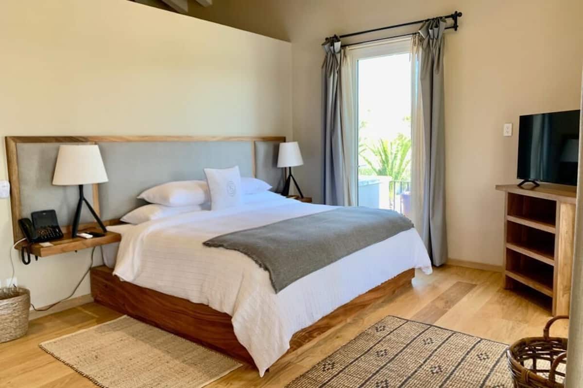 A bedroom with a large bed, bedside lamps, a TV, and a view of the outdoors.