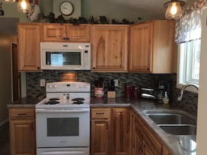 Een koelkast, een magnetron, een oven, een kookplaat