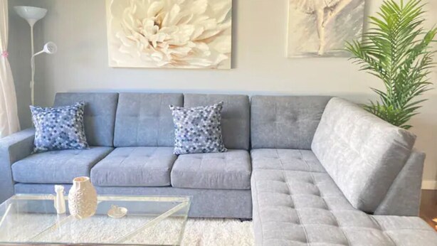 Een woonkamer met een grijze bank, een glazen salontafel en twee aan de muur hangende schilderijen.