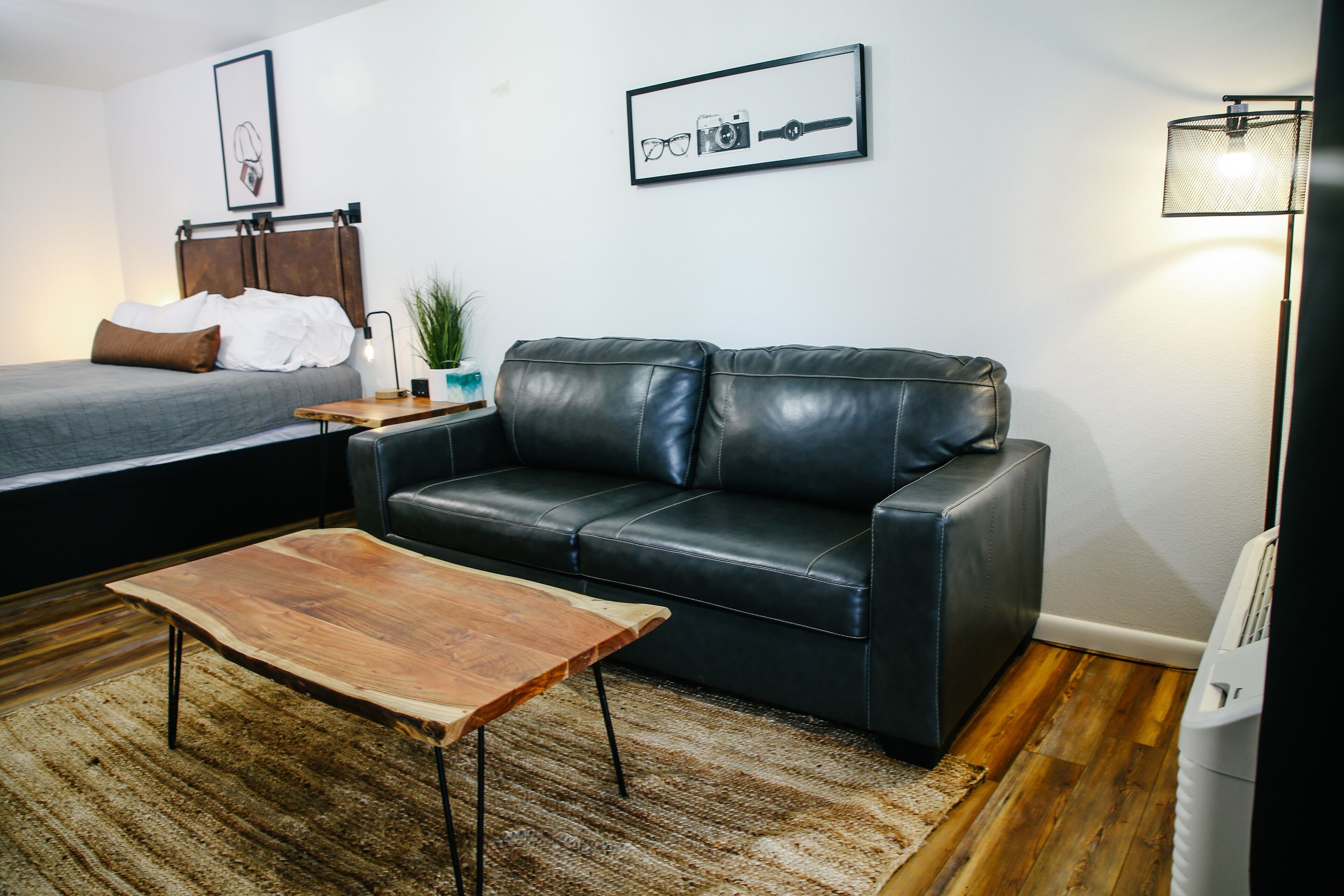 Desk, laptop workspace, blackout curtains, free WiFi