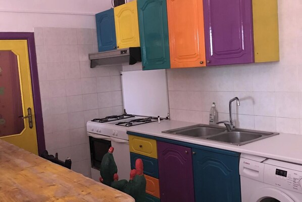 Cocina con estufa a gas, pileta doble y lavadora Bosch.