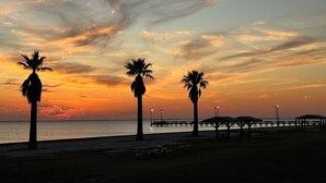 Une scène de plage au coucher du soleil, avec des palmiers et une jetée.