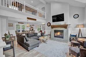 Smart TV, fireplace, foosball