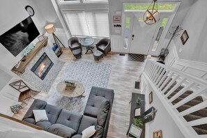 Smart TV, fireplace, foosball