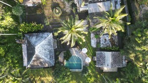 Vista aérea de una zona residencial con piscina, palmeras y techo de tejas.