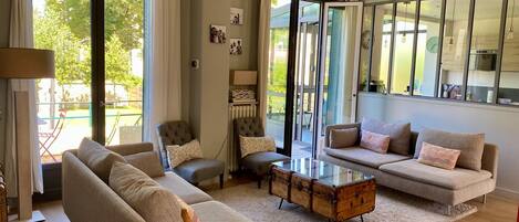 TV connectée, cheminée, lecteur de DVD, livres