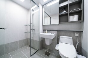 Shower, rainfall showerhead, hair dryer, slippers