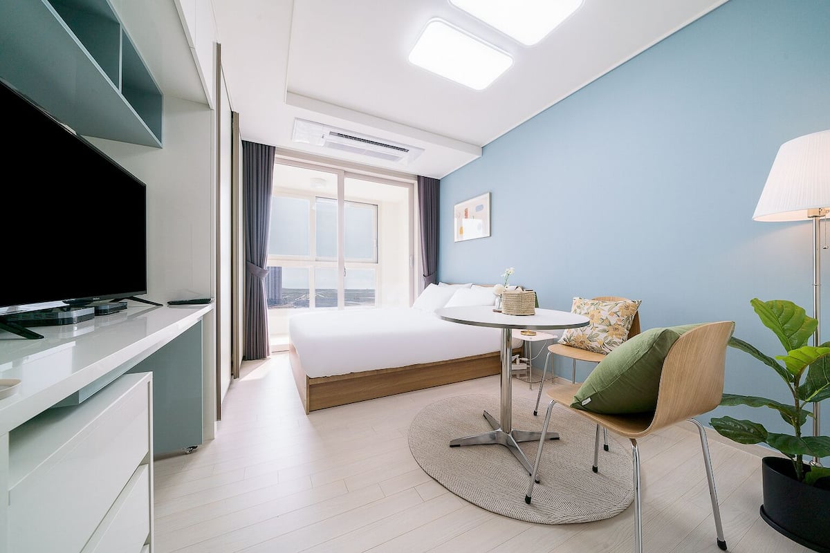 Una habitación de hotel moderna con una cama, un escritorio con televisor, una mesita, una silla y una planta en maceta.