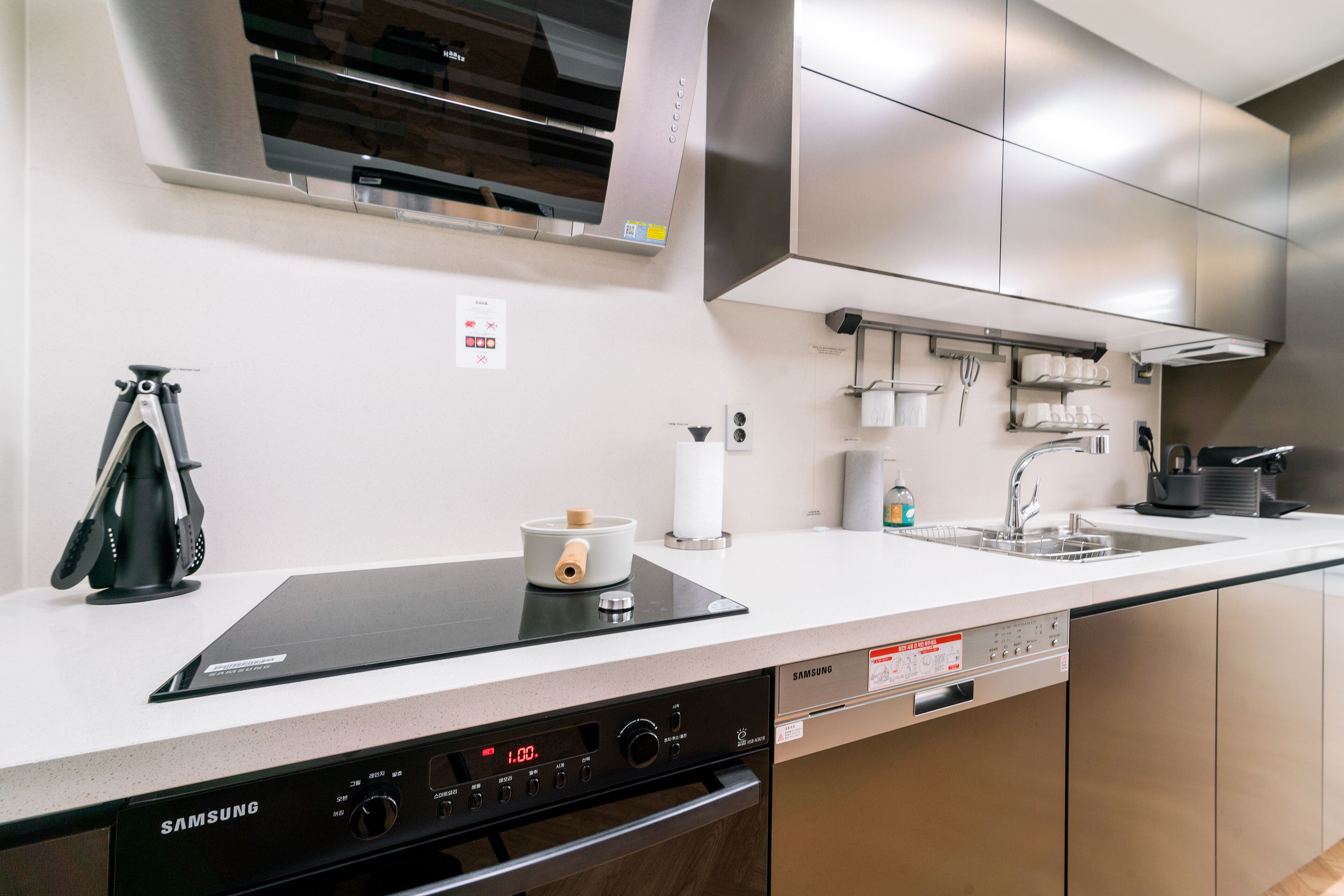 A modern kitchen with a built-in induction cooktop, stainless steel appliances, and a dishwasher.