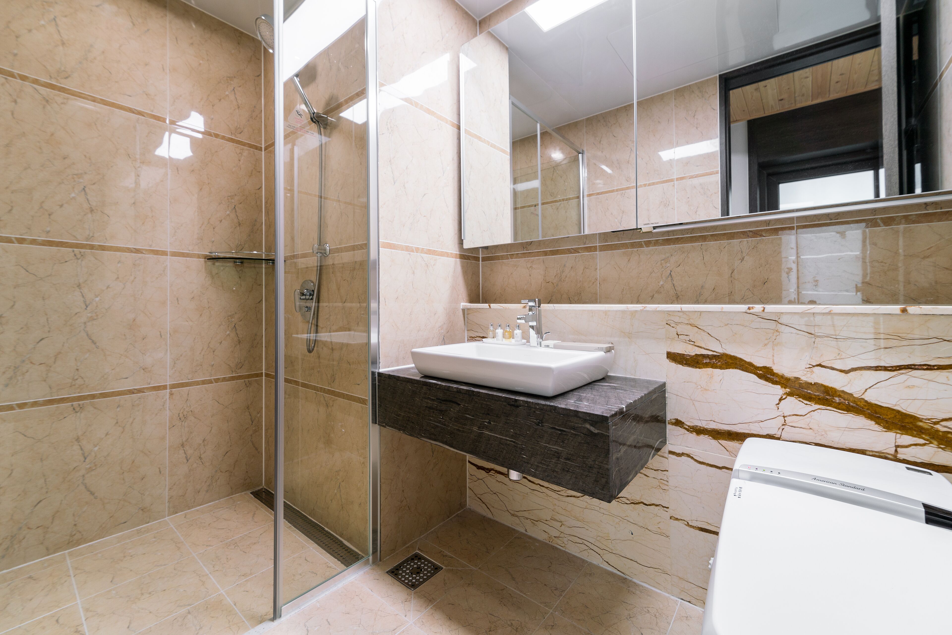 A modern bathroom with a glass shower enclosure, a white sink with a dark countertop, and a large mirror above the sink.