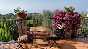 Une terrasse avec une table et des chaises en bois, entourée de plantes en pot et offrant une vue sur la campagne.