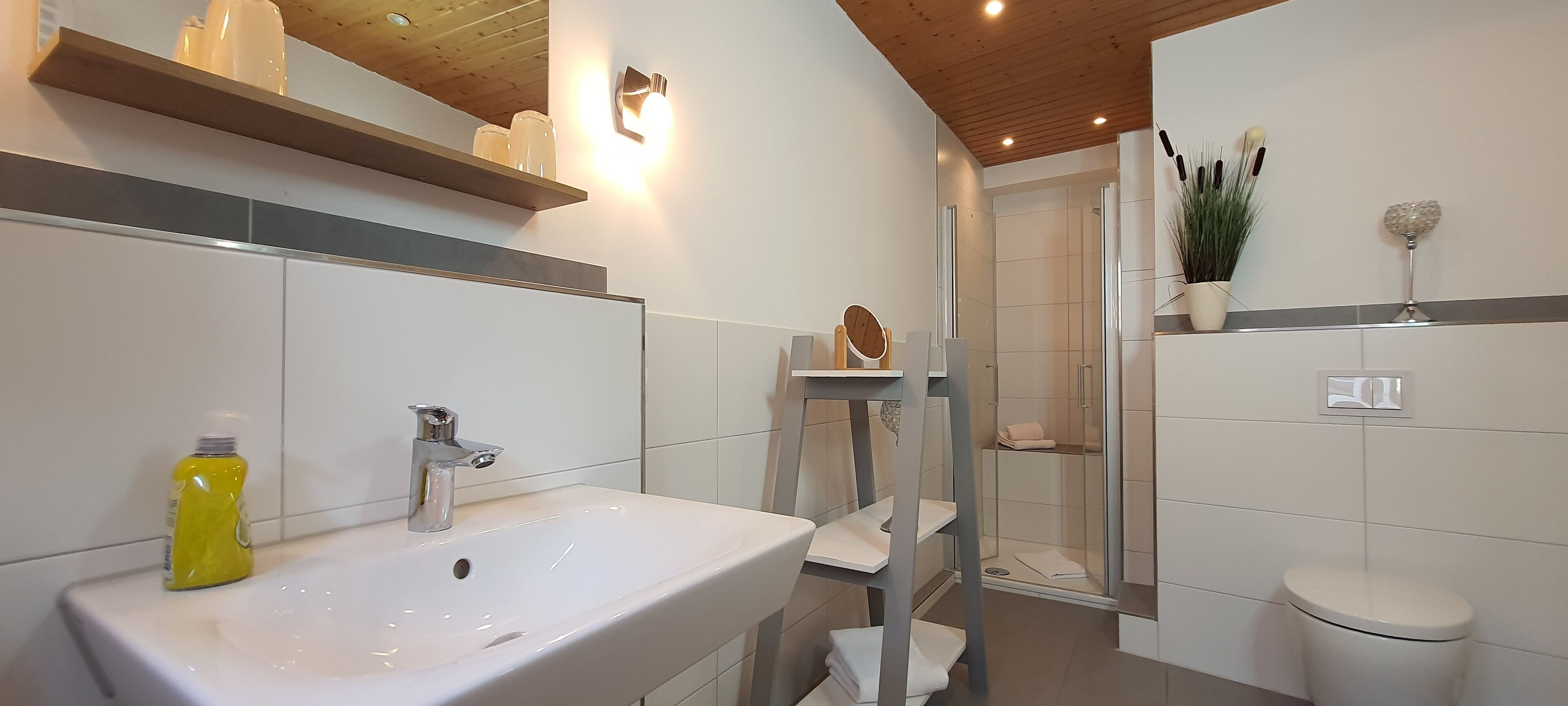 Une salle de bain moderne avec un lavabo blanc, une cabine de douche et des toilettes.