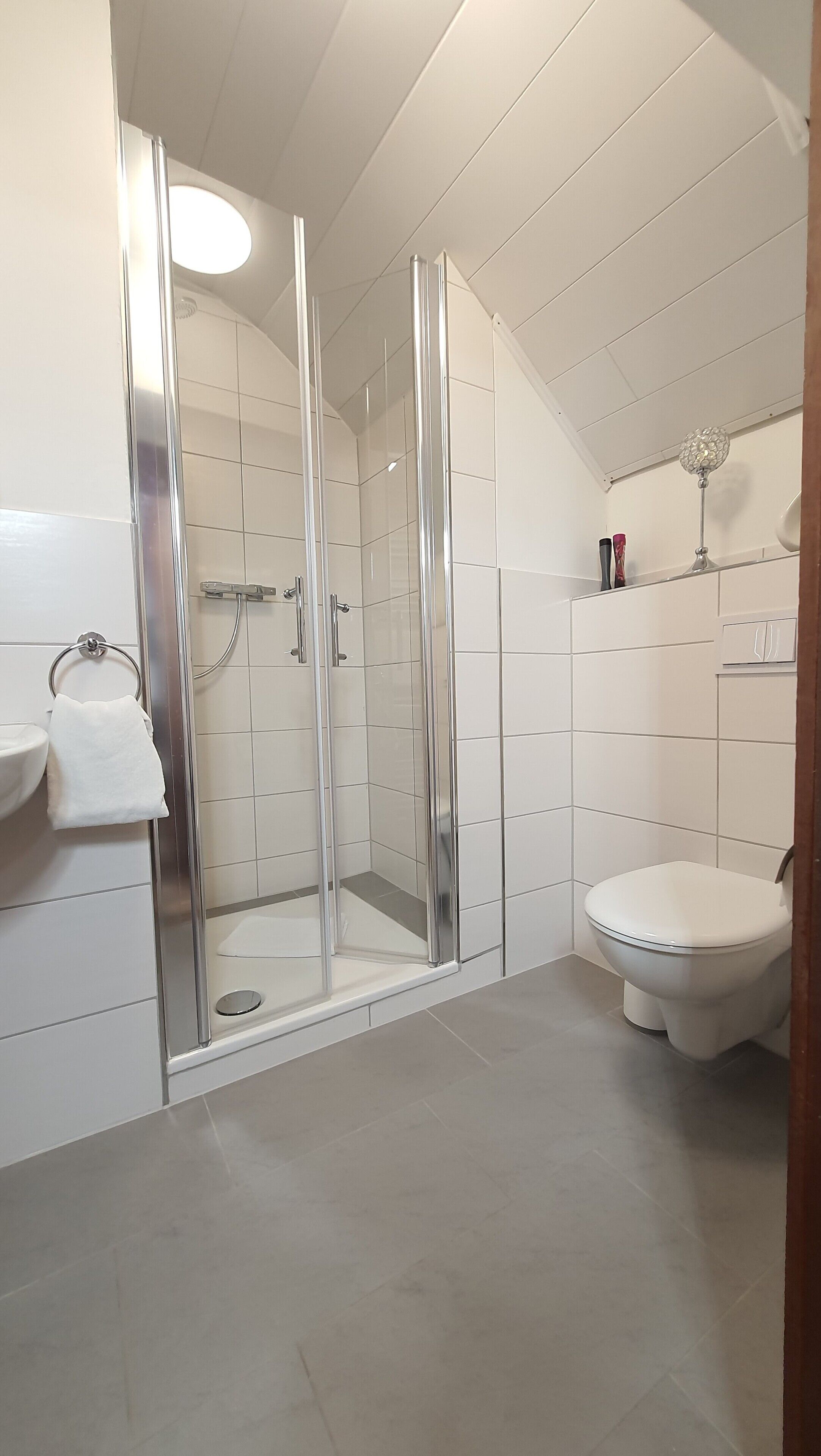 A modern bathroom with a glass-enclosed shower, a white toilet, and a sink with a towel.