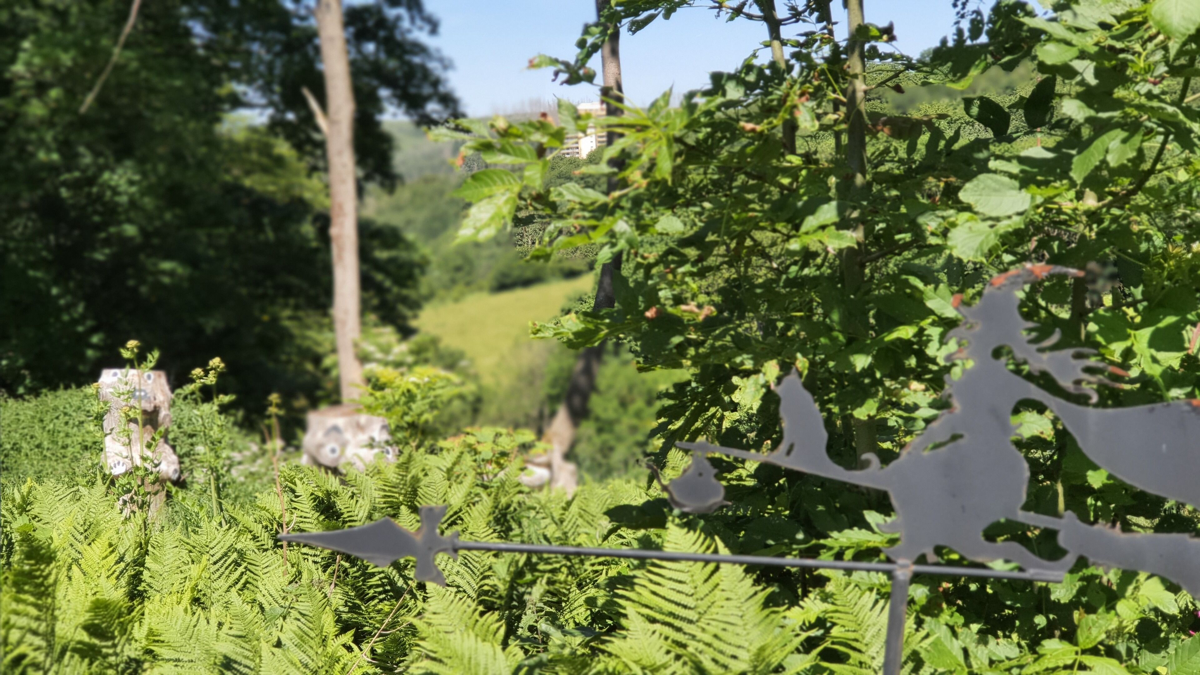 Un jardí amb una escultura de metall, vegetació abundant i un cel serè.
