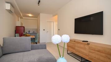A modern living room with a grey sofa, a wooden TV stand, and a flat-screen TV mounted on the wall.