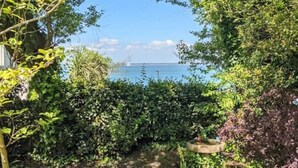 A garden with dense foliage and a clear view of a body of water in the background. - Cliffside Cosy Cottage by Cowes Beach: 1x KING-Size Double BR & a Twin/Kids BR (Cowes)