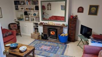 Televisión, chimenea, tenis de mesa y libros