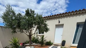 Un sentiero conduce a una casa con tetto in tegole, un piccolo giardino con diverse piante e una porta.