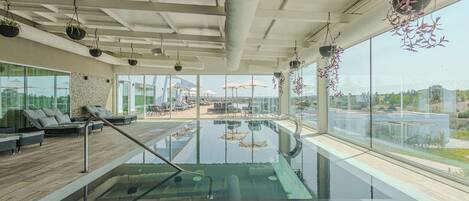 Indoor pool, outdoor pool, pool loungers